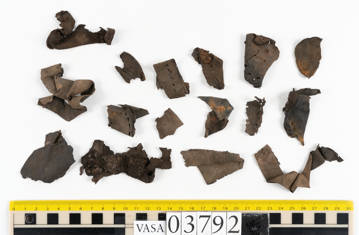Ett 70-tal delar och fragment av stövel. Bland delarna går att urskilja en del av en klack med kvarsittande skopligg, fyra delar av ovanläder samt en stropp med avmalnande ändar. Flertalet fragment har rostfärgade utfällningar.
Lädret är tunt och sprött samt ligger hopvikt.