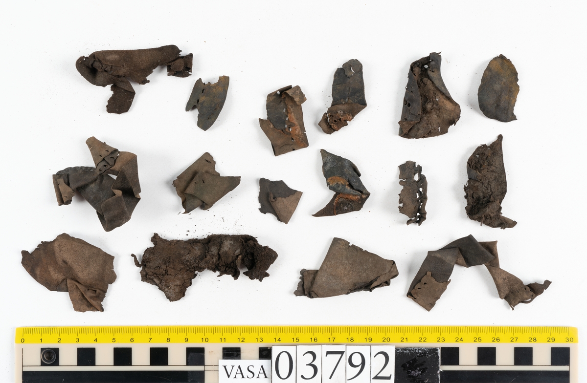 Ett 70-tal delar och fragment av stövel. Bland delarna går att urskilja en del av en klack med kvarsittande skopligg, fyra delar av ovanläder samt en stropp med avmalnande ändar. Flertalet fragment har rostfärgade utfällningar.
Lädret är tunt och sprött samt ligger hopvikt.