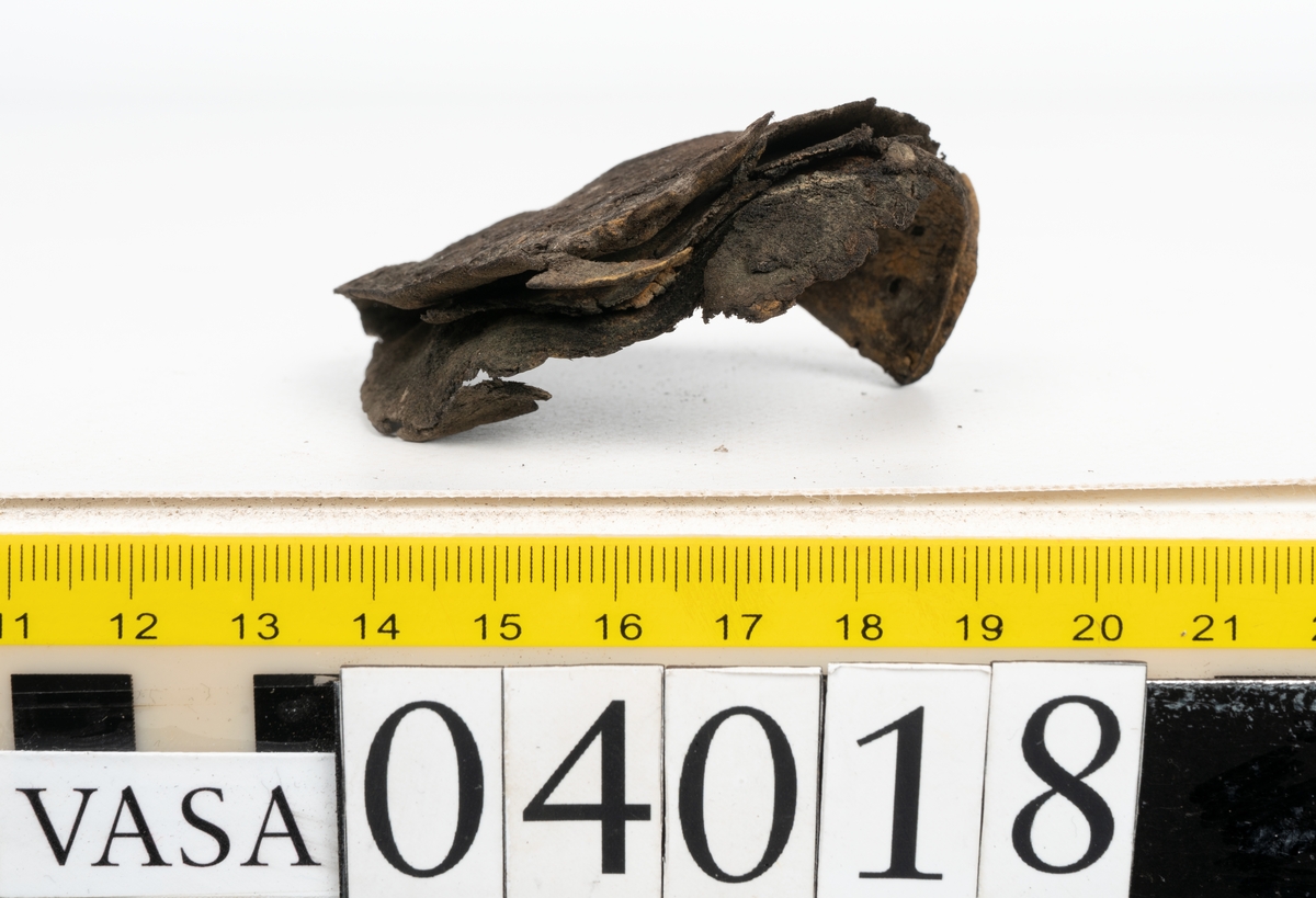 Tolv fragment av sko, varav två fragment kan vara delar från en slejf.
Lädret är mycket sprött och hårt.