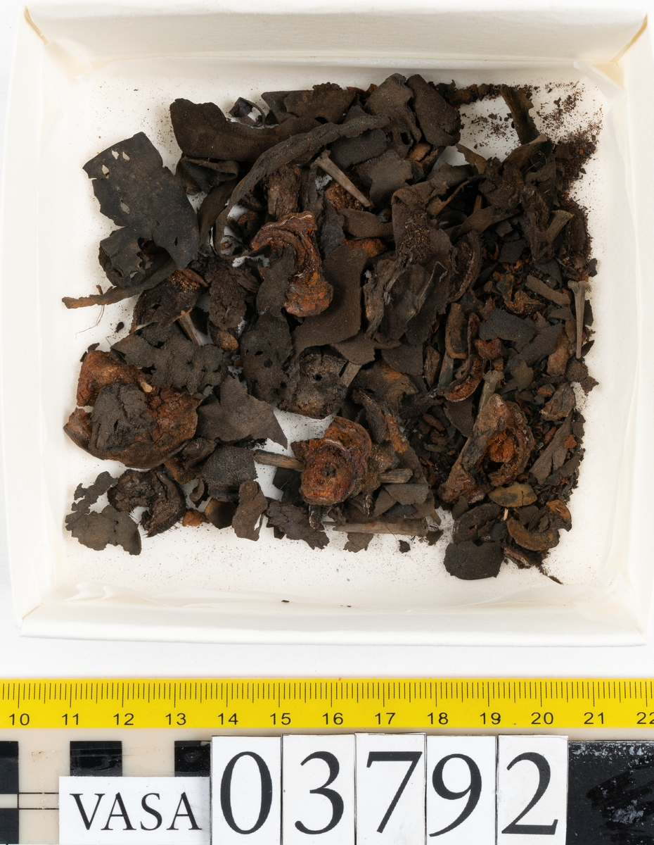 Ett 70-tal delar och fragment av stövel. Bland delarna går att urskilja en del av en klack med kvarsittande skopligg, fyra delar av ovanläder samt en stropp med avmalnande ändar. Flertalet fragment har rostfärgade utfällningar.
Lädret är tunt och sprött samt ligger hopvikt.