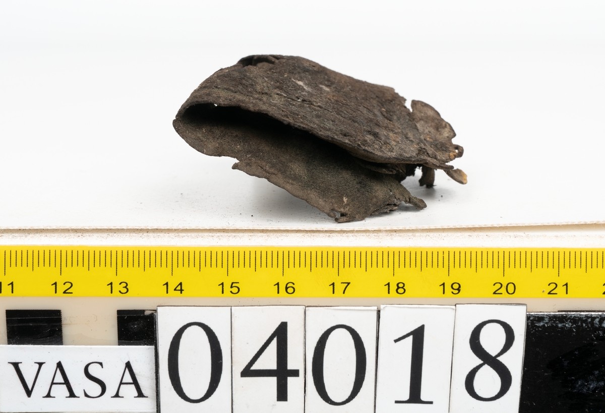 Tolv fragment av sko, varav två fragment kan vara delar från en slejf.
Lädret är mycket sprött och hårt.