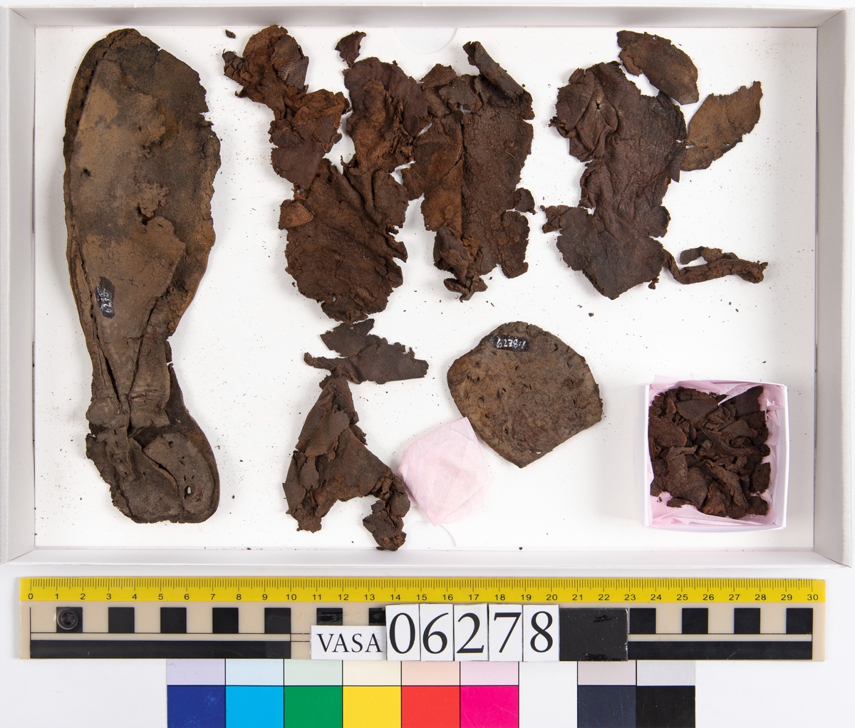 Sula, klacklapp samt större och mindre fragment från skobotten. Totalt ett 50-tal delar och fragment. Sulan är något fragmentarisk samt försedd med en ritsad linje som löper innanför ytterkanten. På klacklappen syns hål efter träpligg.
Klacklädret och sullädret är torrt och styvt medan en stor del av fragmenten består av mjukt och böjligt läder.