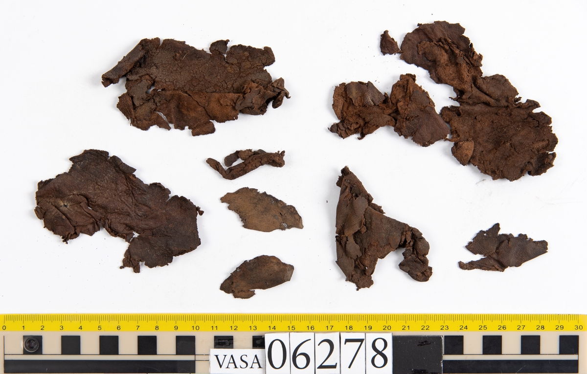 Sula, klacklapp samt större och mindre fragment från skobotten. Totalt ett 50-tal delar och fragment. Sulan är något fragmentarisk samt försedd med en ritsad linje som löper innanför ytterkanten. På klacklappen syns hål efter träpligg.
Klacklädret och sullädret är torrt och styvt medan en stor del av fragmenten består av mjukt och böjligt läder.