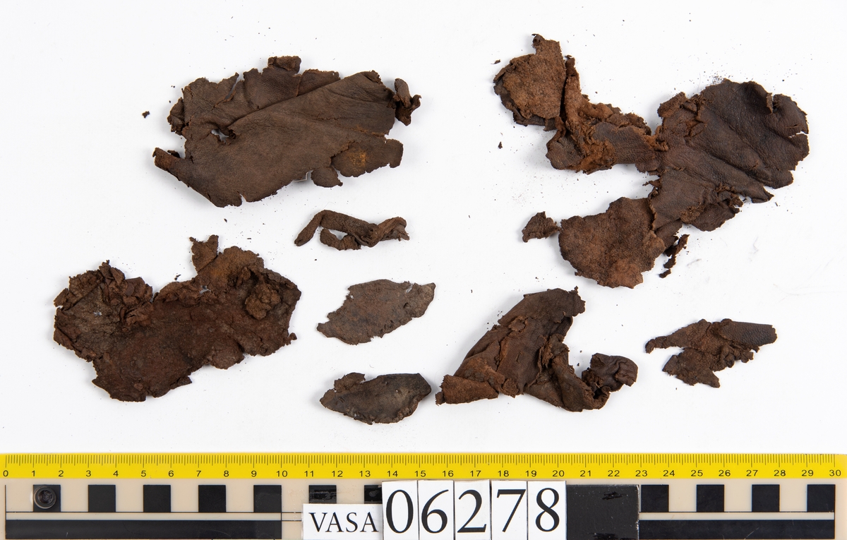 Sula, klacklapp samt större och mindre fragment från skobotten. Totalt ett 50-tal delar och fragment. Sulan är något fragmentarisk samt försedd med en ritsad linje som löper innanför ytterkanten. På klacklappen syns hål efter träpligg.
Klacklädret och sullädret är torrt och styvt medan en stor del av fragmenten består av mjukt och böjligt läder.