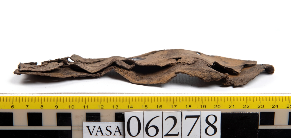 Sula, klacklapp samt större och mindre fragment från skobotten. Totalt ett 50-tal delar och fragment. Sulan är något fragmentarisk samt försedd med en ritsad linje som löper innanför ytterkanten. På klacklappen syns hål efter träpligg.
Klacklädret och sullädret är torrt och styvt medan en stor del av fragmenten består av mjukt och böjligt läder.