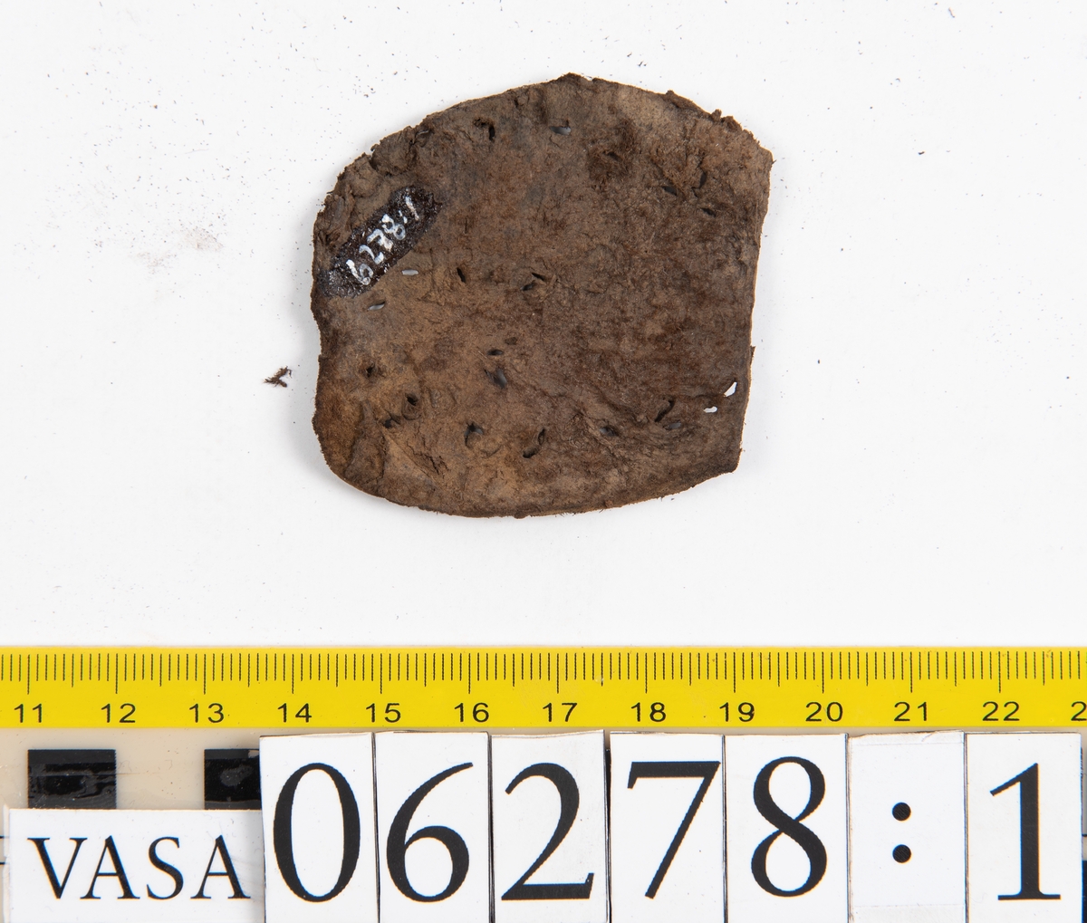 Sula, klacklapp samt större och mindre fragment från skobotten. Totalt ett 50-tal delar och fragment. Sulan är något fragmentarisk samt försedd med en ritsad linje som löper innanför ytterkanten. På klacklappen syns hål efter träpligg.
Klacklädret och sullädret är torrt och styvt medan en stor del av fragmenten består av mjukt och böjligt läder.