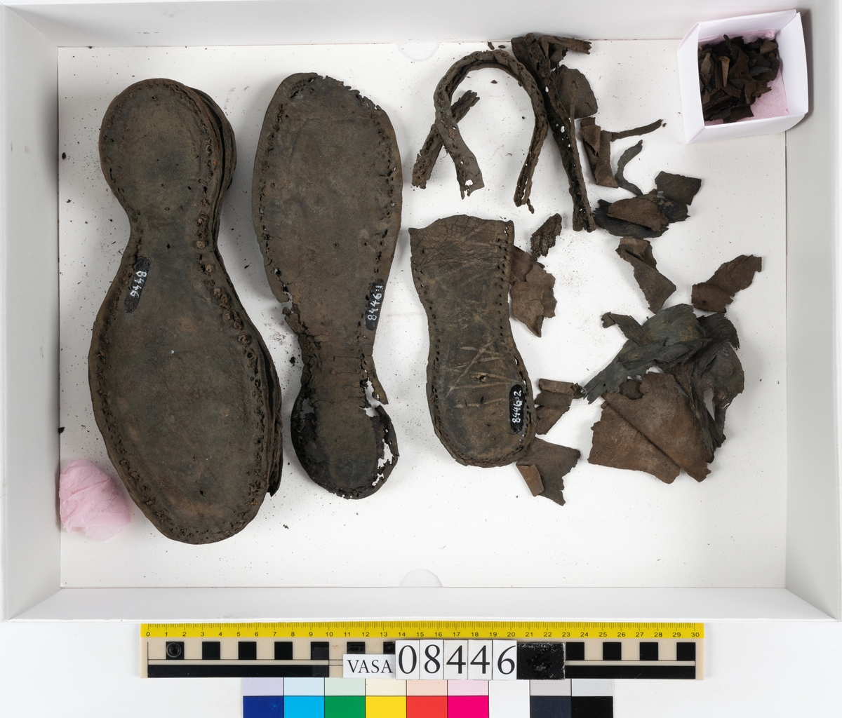 Delar och fragment från skobotten: fem delar samt ett åttiotal fragment.

Skobotten 08446 har kvarsittande tråd och skopligg. Klacken består av tre klacklappar. Sula 08446:1 har ett något fragmentariskt hälparti. Del av bindsula, fyndnummer 08446:2. På sulan finns avtryck efter bindtråden och hål efter skopligg. Två delar av holtrand med kvarsittande tråd samt ett tiotal fragment och löst liggande skopligg.