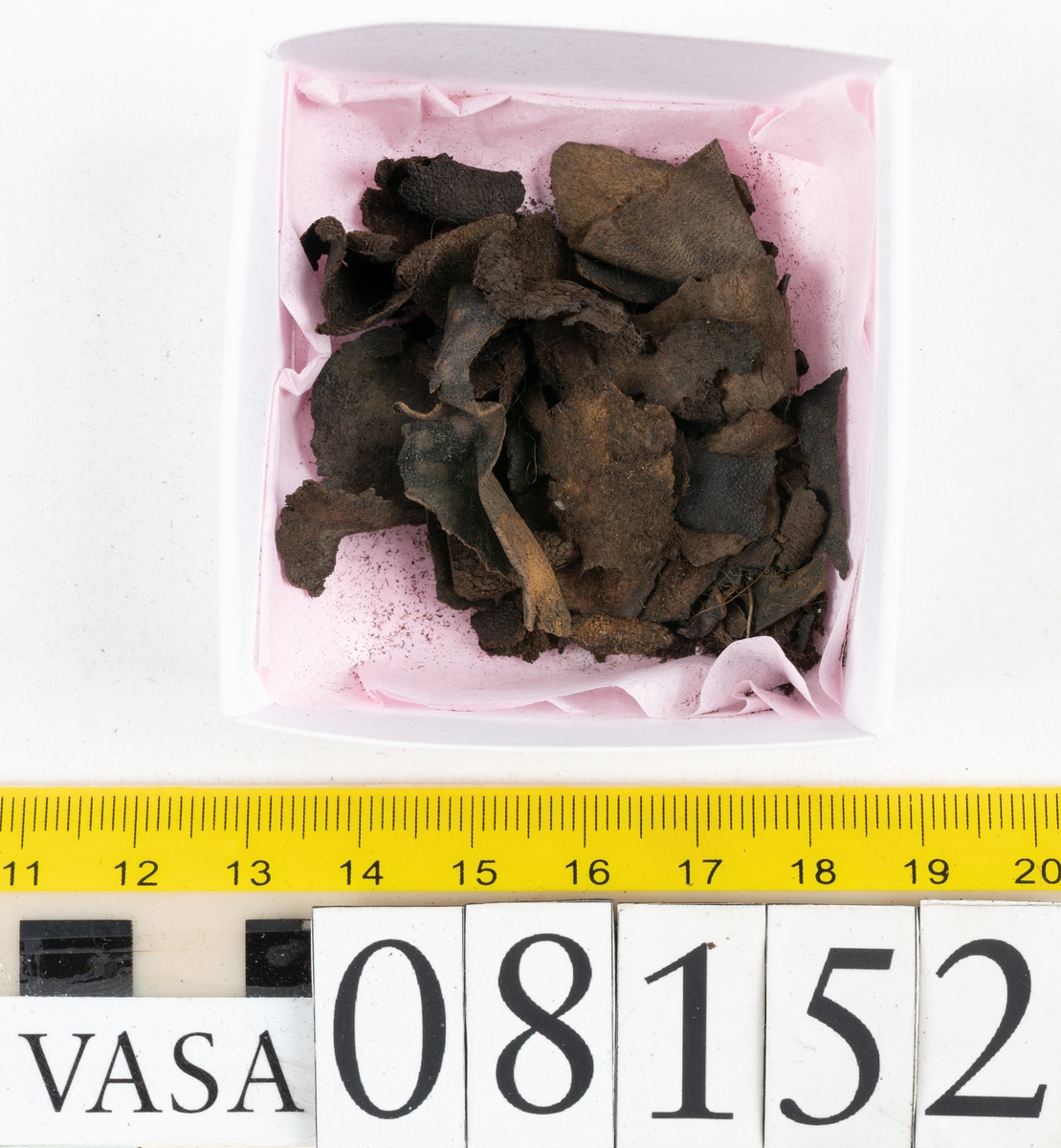 Ett femtiotal större och mindre delar och fragment från två stövlar: sulor, inlägg, ovanläder mm. Lädret ligger vikt. Bland delarna finns också en större klump av tråd eller snöre. Även ulltrådar.

Lädret är hårt och sprött samt har gul-vita utfällningar.