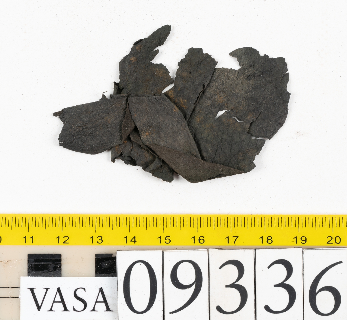 Fyra delar från sko: en sula, ett sidostycke med slejf samt två ospecificerade fragment.

En ritsad linje löper strax innanför sulans ytterkant. På sulans köttsida finns kvarsittande tråd. I änden på sidostyckets slejf syns ett runt hål med en nedskärning. På sidostycket syns kvarsittande tråd. Lädret är kraftigt.