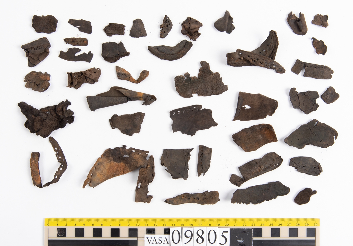 Ett 60-tal delar och fragment från sko: sulor, sidostycke, delar från klack m.m. samt ett filtfragment. Bland delarna kan urskiljas en klacklapp med kvarsittande skopligg samt ett sidostycke med slejf. I slejfänden finns ett hål - troligtvis knapphål.

Delar av lädret är kraftigt och välbevarat medan andra delar är spaltade samt har rostliknande utfällningar.