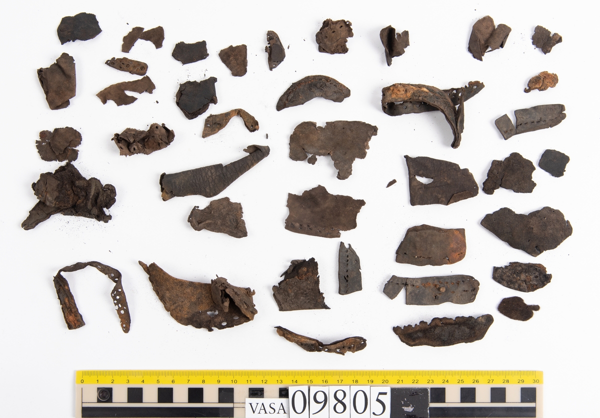 Ett 60-tal delar och fragment från sko: sulor, sidostycke, delar från klack m.m. samt ett filtfragment. Bland delarna kan urskiljas en klacklapp med kvarsittande skopligg samt ett sidostycke med slejf. I slejfänden finns ett hål - troligtvis knapphål.

Delar av lädret är kraftigt och välbevarat medan andra delar är spaltade samt har rostliknande utfällningar.