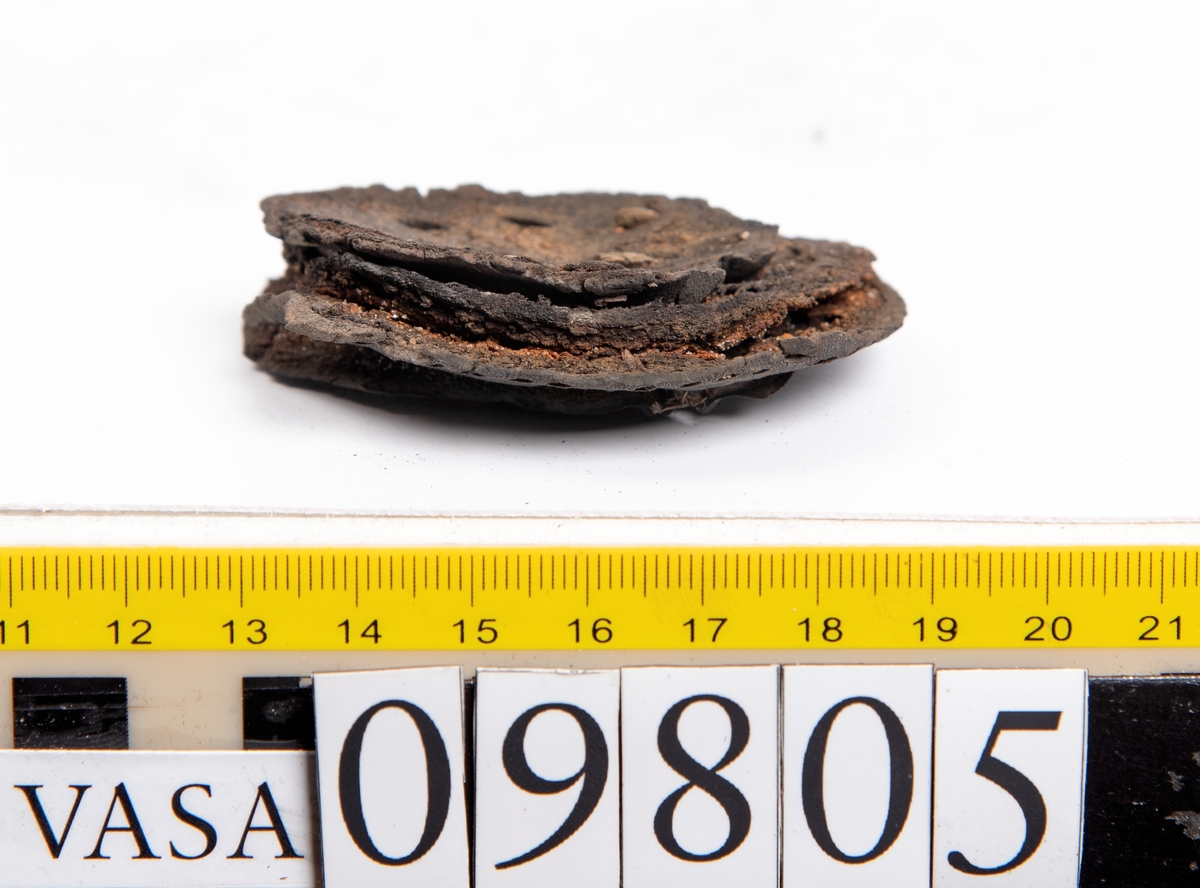 Ett 60-tal delar och fragment från sko: sulor, sidostycke, delar från klack m.m. samt ett filtfragment. Bland delarna kan urskiljas en klacklapp med kvarsittande skopligg samt ett sidostycke med slejf. I slejfänden finns ett hål - troligtvis knapphål.

Delar av lädret är kraftigt och välbevarat medan andra delar är spaltade samt har rostliknande utfällningar.