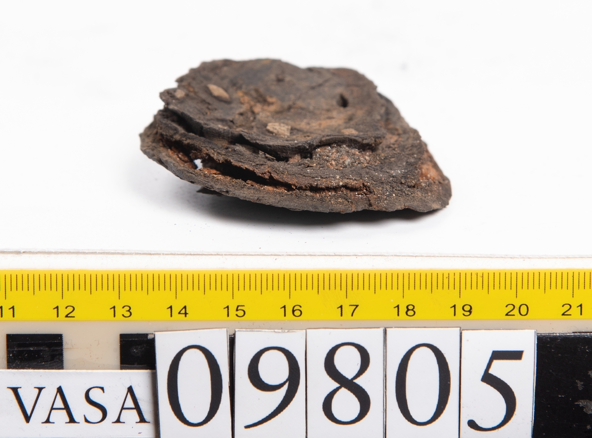 Ett 60-tal delar och fragment från sko: sulor, sidostycke, delar från klack m.m. samt ett filtfragment. Bland delarna kan urskiljas en klacklapp med kvarsittande skopligg samt ett sidostycke med slejf. I slejfänden finns ett hål - troligtvis knapphål.

Delar av lädret är kraftigt och välbevarat medan andra delar är spaltade samt har rostliknande utfällningar.