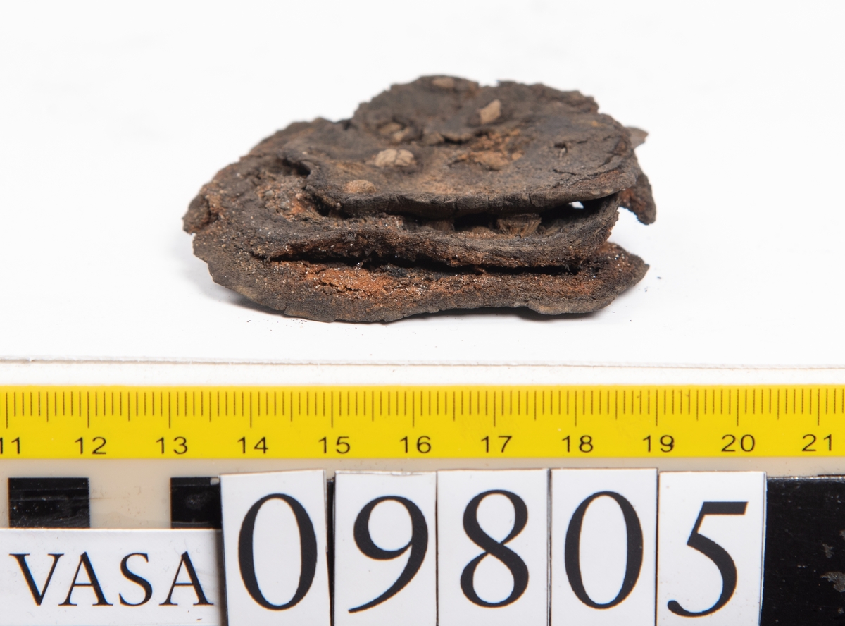Ett 60-tal delar och fragment från sko: sulor, sidostycke, delar från klack m.m. samt ett filtfragment. Bland delarna kan urskiljas en klacklapp med kvarsittande skopligg samt ett sidostycke med slejf. I slejfänden finns ett hål - troligtvis knapphål.

Delar av lädret är kraftigt och välbevarat medan andra delar är spaltade samt har rostliknande utfällningar.