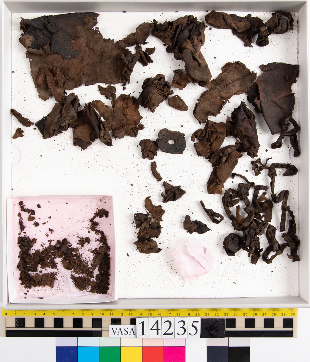 Ett 60-tal fragment från handske. På flera av fragmenten finns hål efter stygn. Lädret är mycket mjukt, tunt och sprött.