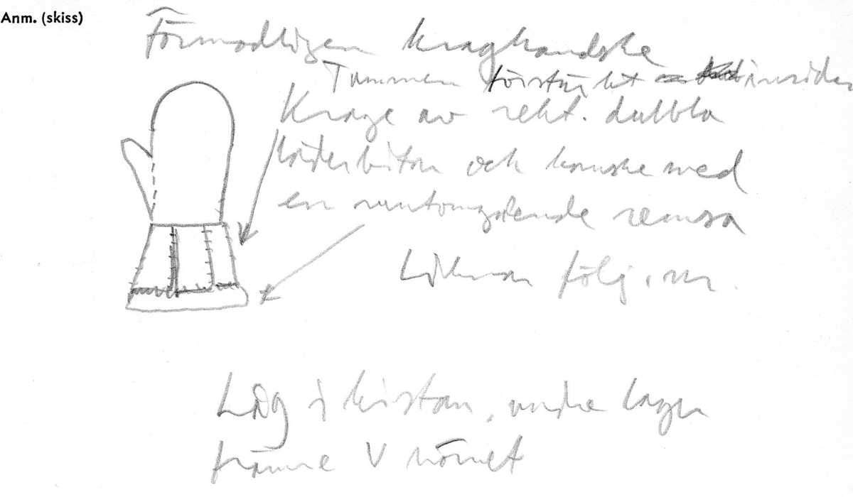 Ett 60-tal fragment från handske. På flera av fragmenten finns hål efter stygn. Lädret är mycket mjukt, tunt och sprött.
