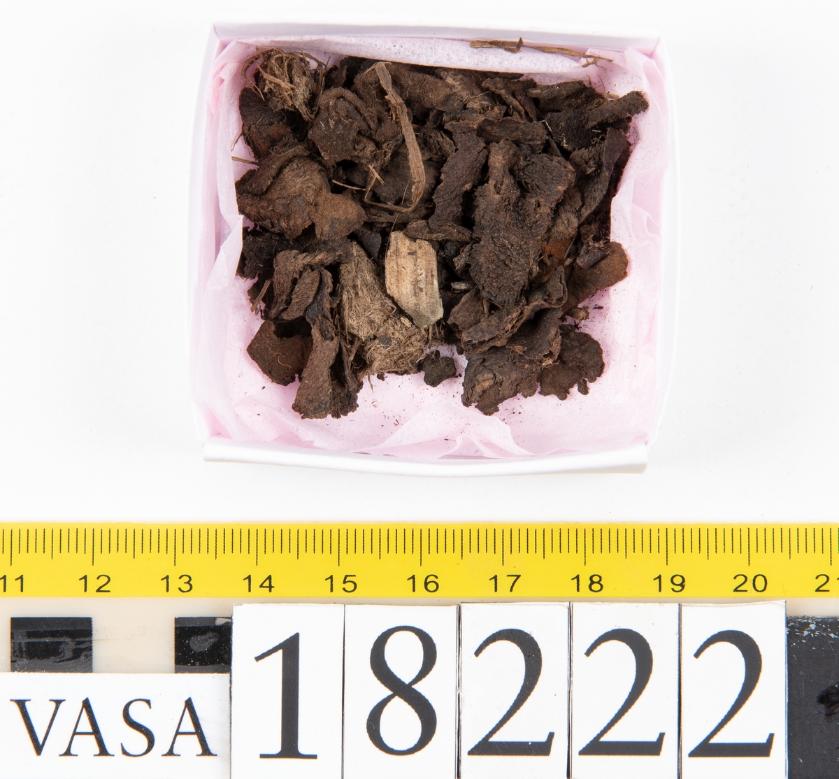 Ett 40-tal större och mindre fragment från sko. På några av fragmenten finns hål efter stygn. På vissa fragment har köttsidan släppt från narvsidan. Tillsammans med lädret ligger också ett mycket fuktigt, halmliknande material.