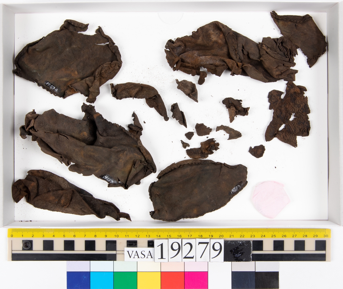 Tjugosex, ospecificerade läderfragment. Längs med ytterkanterna på fyra av de större fragmenten syns hål efter stygn. Stygnen sitter med 3 mm mellanrum. Lädret är tunt och mycket sprött.