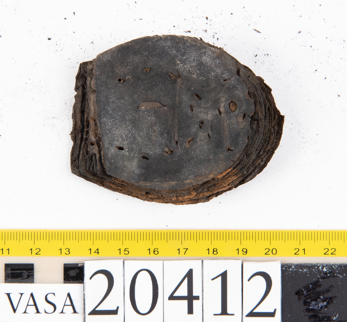 Dokumentation 1997:
Delar och fragment från sko: sulor, slejf, klack, del av holtrand mm. Totalt 23 stycken delar och fragment.
Del av klack bestående av fyra klacklappar. Klacken har kvarsittande skopligg och tråd. Lädret har rostfärgade utfällningar.
Främre partiet av två sulor, sulornas hälparti saknas. Sulorna hålls samman med kvarsittande tråd. Lädret är spaltat.
En fragmentarisk och spaltad sula. Sulan har kvarsittande tråd. Lädret har rostfärgade utfällningar.
En slejf. I slejfens ena ände finns ett snörhål. Runt kanterna löper hål efter stygn.
En textilfiber.

Dokumentation 2022:
Slejf som tillhör bakkappan av sko med fyndnummer 20424.
För mer information, se Uppritning under Länkade filer.

Text in english:
This is the pieced latchet belonging to the shoe quarter 20424.
For more information, go to Länkade filer: Uppritning