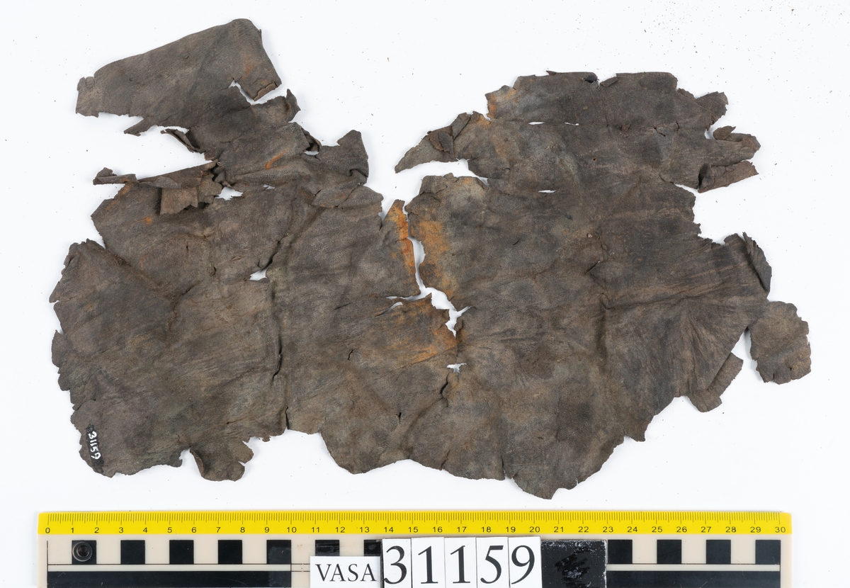 Två större läderstycken samt ett tjugotal mindre fragment, troligtvis från stövelskaft. Lädret har rostliknande utfällningar samt är spaltat och sprött.