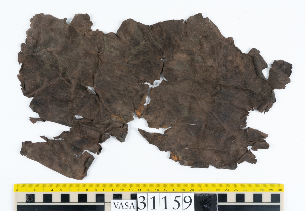 Två större läderstycken samt ett tjugotal mindre fragment, troligtvis från stövelskaft. Lädret har rostliknande utfällningar samt är spaltat och sprött.