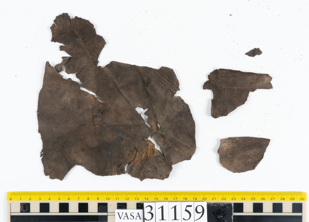 Två större läderstycken samt ett tjugotal mindre fragment, troligtvis från stövelskaft. Lädret har rostliknande utfällningar samt är spaltat och sprött.