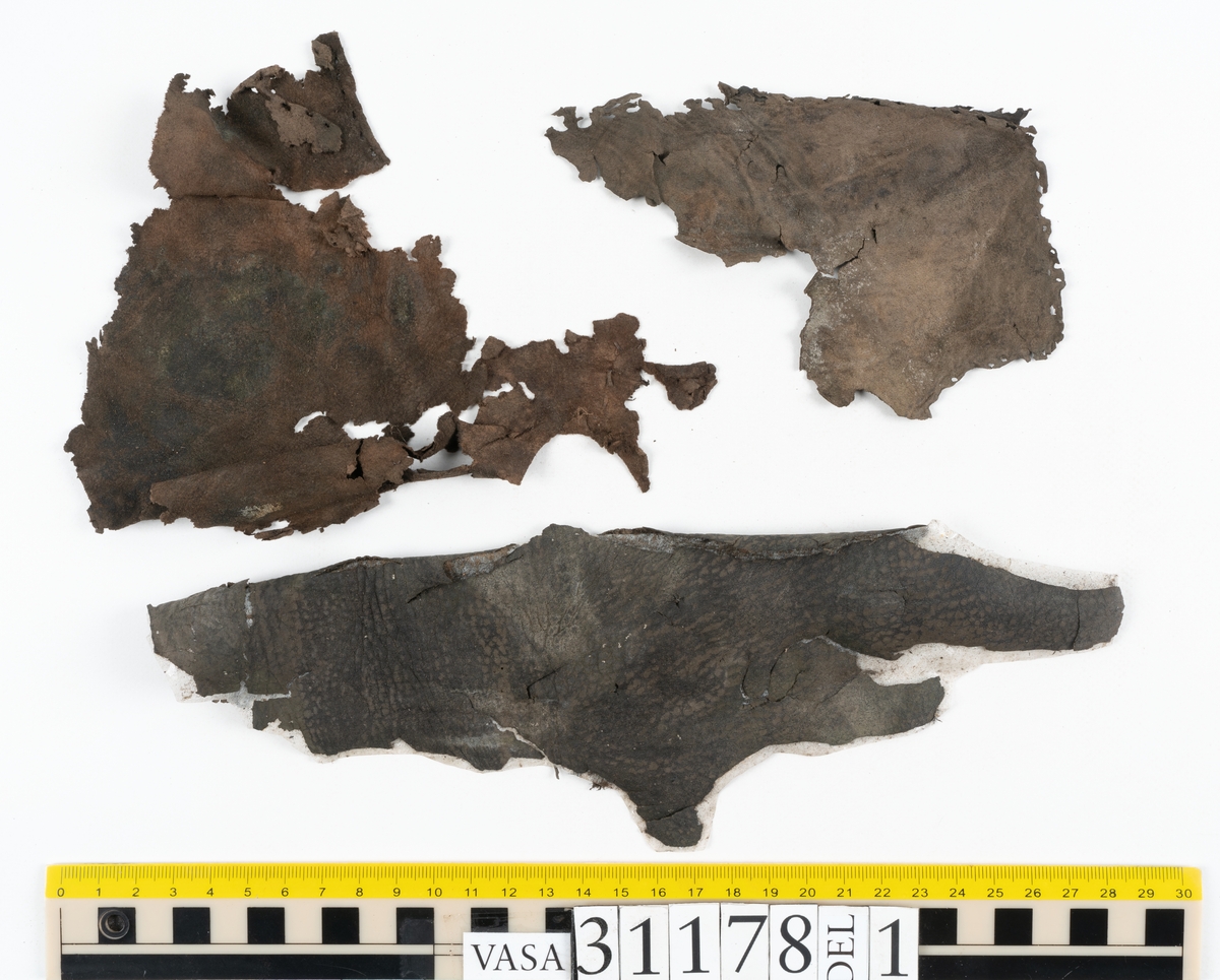 Runt 400 delar och fragment från skor i form av sulor, inlägg, ovanläder, klack, sidostycken, bakkappor, träpliggar, tråd mm. Troligtvis rör det sig om delar och fragment från flera skor och/eller stövlar. Delar av lädret har förstärkts med lim av konserveringsenheten. Merparten av lädret är spaltat samt har hål efter träpligg eller stygn.