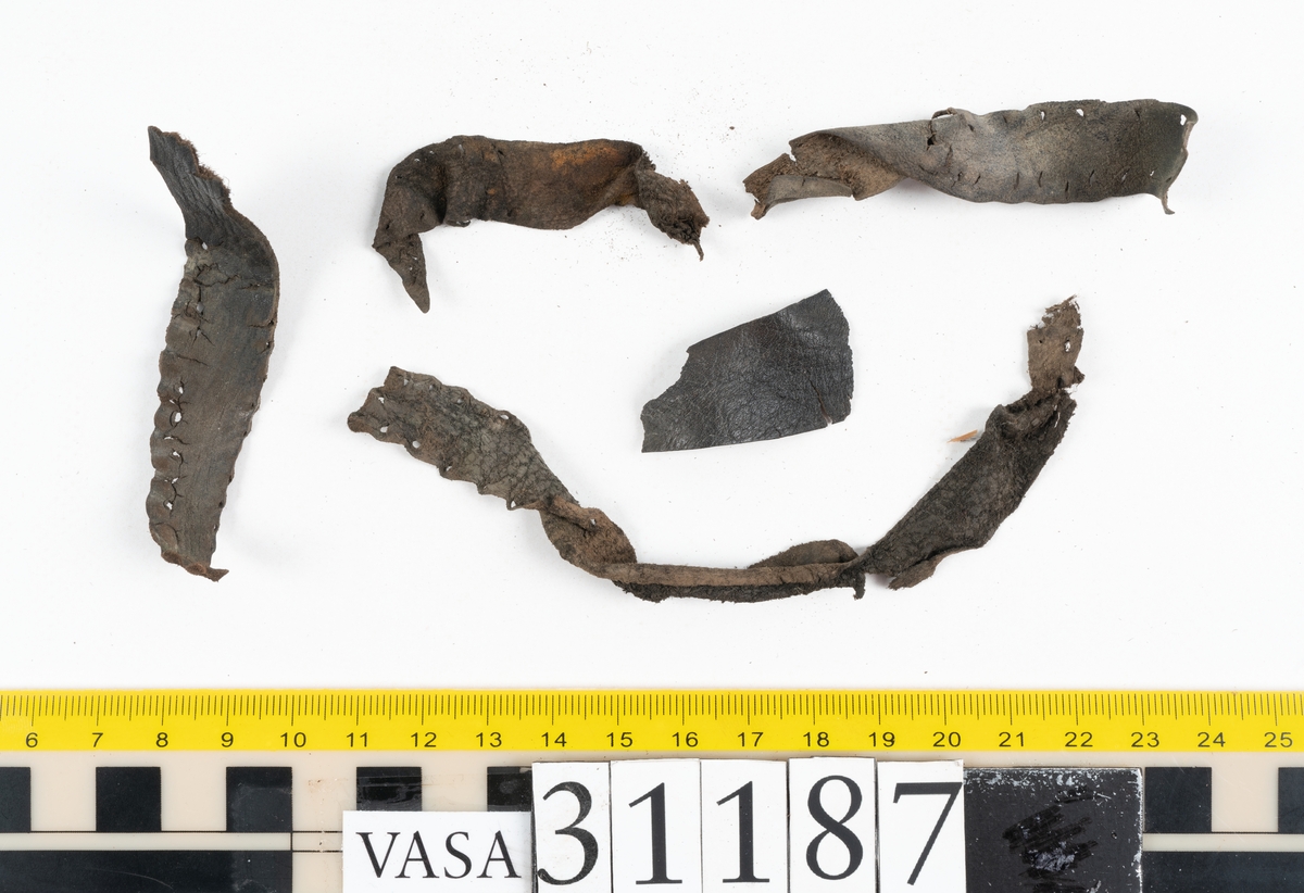 En stropp samt delar av stroppar till ett par stövlar. Den bäst bevarade stroppen är vikt dubbel. Ändarna är spetsiga samt har hål efter stygn. Totalt rör det sig om delar till minst tre stroppar med spetsiga ändar. Lädret ligger vikt samt är sprött och fragmentariskt.