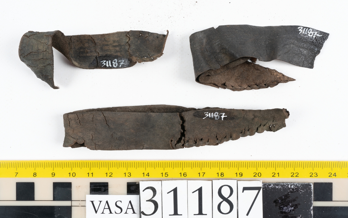 En stropp samt delar av stroppar till ett par stövlar. Den bäst bevarade stroppen är vikt dubbel. Ändarna är spetsiga samt har hål efter stygn. Totalt rör det sig om delar till minst tre stroppar med spetsiga ändar. Lädret ligger vikt samt är sprött och fragmentariskt.