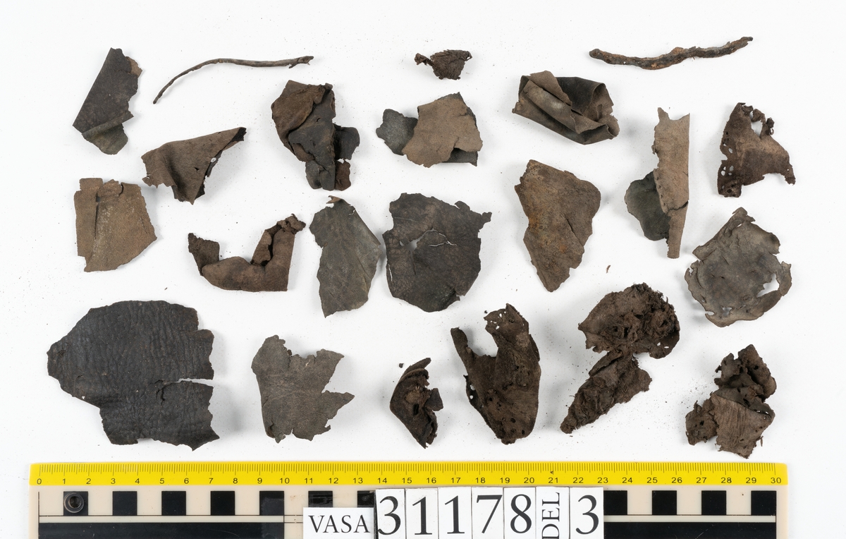 Runt 400 delar och fragment från skor i form av sulor, inlägg, ovanläder, klack, sidostycken, bakkappor, träpliggar, tråd mm. Troligtvis rör det sig om delar och fragment från flera skor och/eller stövlar. Delar av lädret har förstärkts med lim av konserveringsenheten. Merparten av lädret är spaltat samt har hål efter träpligg eller stygn.