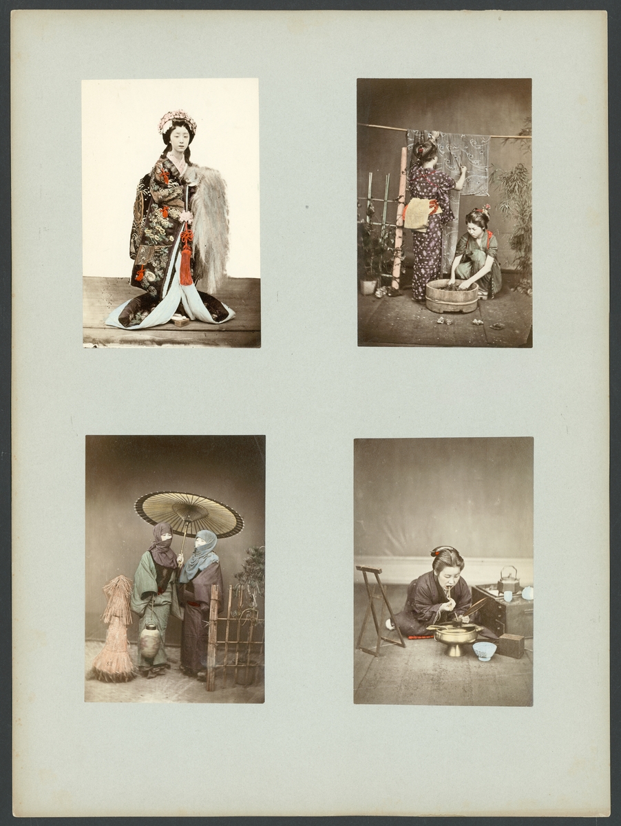 Bildserie av fyra porträtt fotografier monterad på kartong som visar japanska kvinnor i olika dräkter och sysselsättningar.