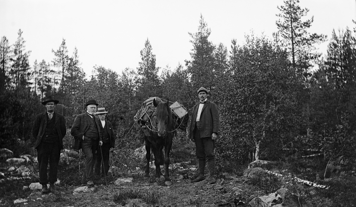 Direksjonsbefaring i Christiania Tømmerdirektion en gang tidlig på 1900-tallet. Fotografiet skal være tatt ved «Jeriko» i Våler i Hedmark. Det er nærliggende å anta at det bibelske Jeriko-navnet her kan ha vært gjenbrukt på ei skogskoie. Fotografiet viser fire menn og en hest. Hesten hadde kløvsal med oppakning, noe som tyder på at turen gikk i vegløst terreng. Mannen som står som nummer to fra venstre var Bernhard Magnus Kopperud (1855-1923). Han var disponent ved Skedsmo Dampsag og Høvleri fra 1884 til sin død. Han var også direksjonsmedlem i Christiania Tømmerdirektion, og i perioden 1909-1914 var han formann i denne organisasjonen. Mannen helt til høyre er Johs. Johannesen (1877-1954). Han var ingeniørutdannet i Dresden, og etter en kort karriere hos Sam. Eyde ble han i 1902 ansatt som fløtingsinspektør i Christiania Tømmerdirektion, hvor han fra 1905 ble direktør, en posisjon Johannesen hadde resten av sitt yrkesaktive liv. De to andre mennene på fotografiet var antakelig lokale kjentmenn.