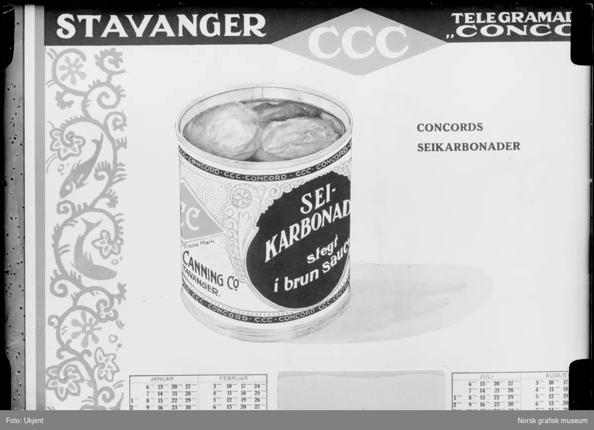 Reklame for seikarbonader på boks fra hermetikkfabrikken Concord Canning Co. Det er bilde av en åpen hermetikkboks med tittelen "SEI-KARBONADER stegt i brun sauce".