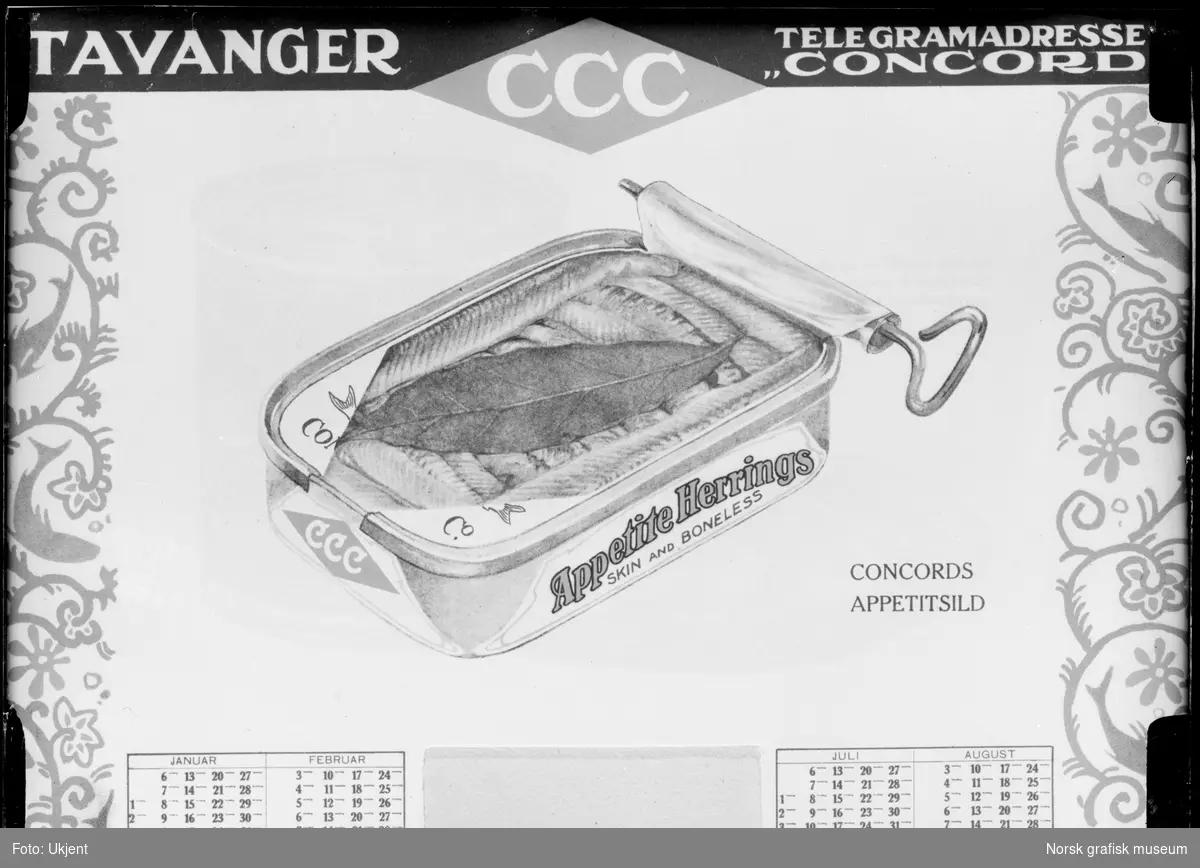 Reklame for hermetisk sild fra hermetikkfabrikken Concord Canning Co. Det er bilde av en åpen hermetikkbok med tittelen "Appetite Herrings". Et laubærblad ligger oppå silda.