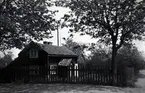 Bostadshus, okänd ort. Stuga med trädgård.