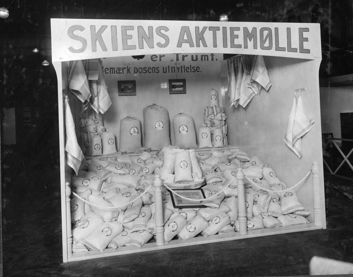 Samling original fotografier (albuminprint) fra Skien aktiemølle. Variert utvalg fotografier, blandt annet fra R. Nyblin. Dokumentasjon av blandt annet industri, bybrannen i 1886, møllebrann i 1906, sentrumsområdet Skien før og etter bybrannen i 1886, og flommen i 1927 med mer.
Interiør fra utstilling av melprodukter fra Skien Aktiemølle ved Skien Handelsstevne 1928.