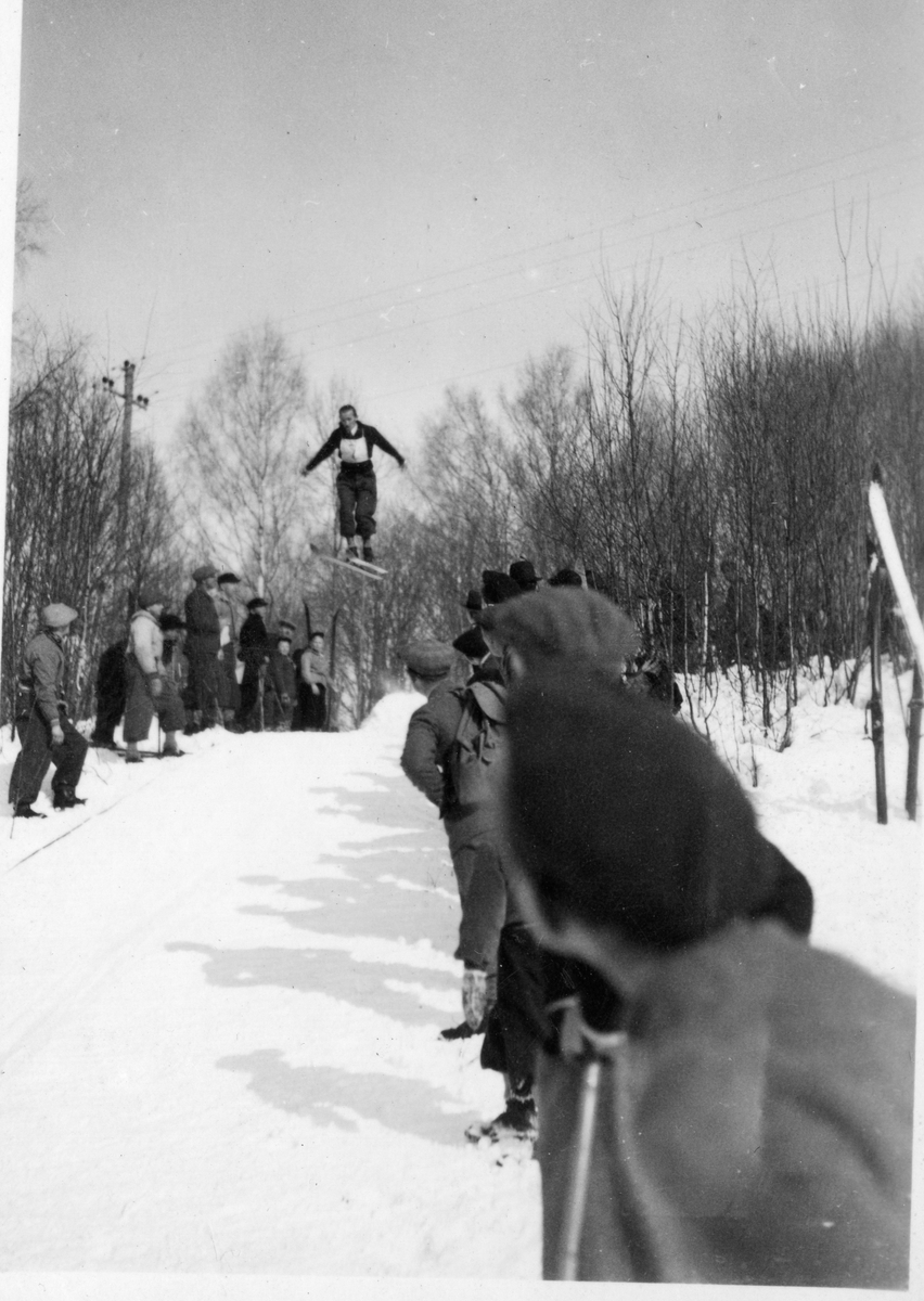 Samling original fotografier (albuminprint) fra Skien aktiemølle. Variert utvalg fotografier, blandt annet fra R. Nyblin. Dokumentasjon av blandt annet industri, bybrannen i 1886, møllebrann i 1906, sentrumsområdet Skien før og etter bybrannen i 1886, og flommen i 1927 med mer.
Serie fotografier fra skihopp og publikum ved hoppbakke.