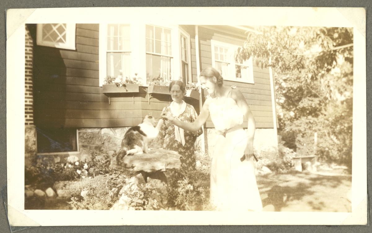 Två kvinnor leker med en katt framför huset av familjen Holm i Boston.