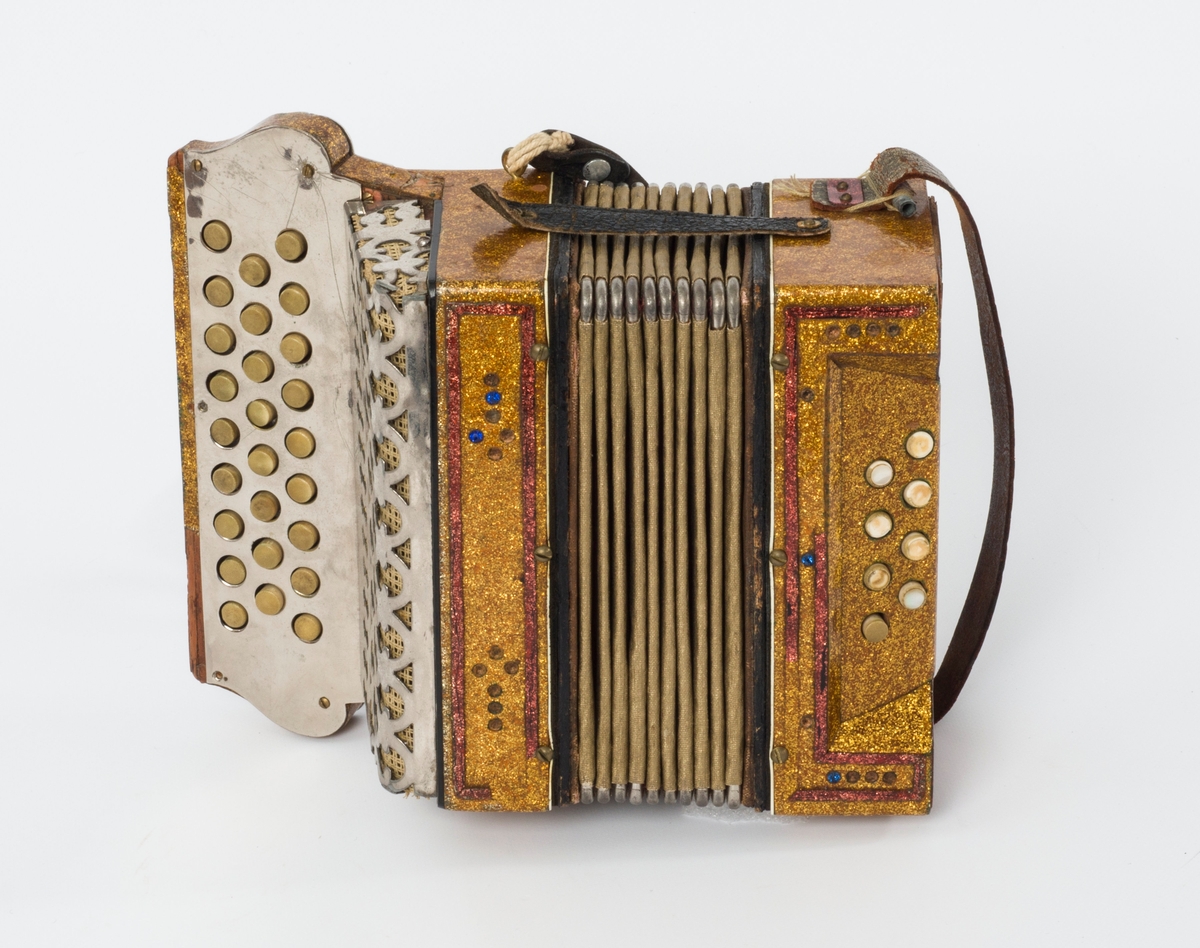 Gullspraglete overflate, med innsatte pyntejuveler. De fleste mangler. Blankt metallbeslag over knappene på høyre side foran. Lærreimer.