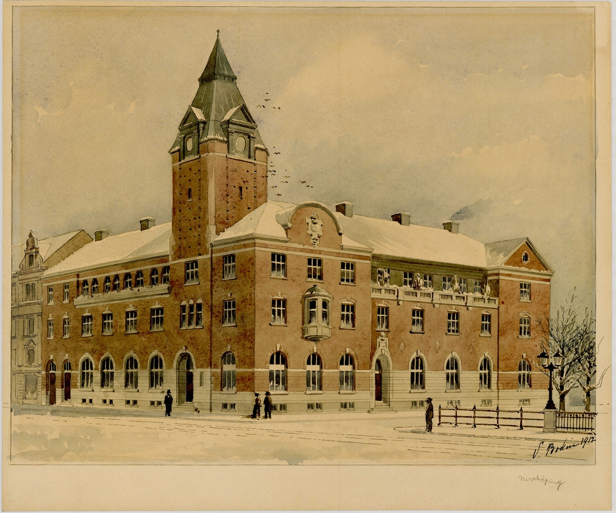 Post- och Riksbankshus i Norrköping.

1911: Förslag till posthus, 3 ark. 
1912. Antaget förslag till posthus. 6 ark. Ej samma som 1911.

Carl Johans torg, Magasingatan, Norra Strömgatan.