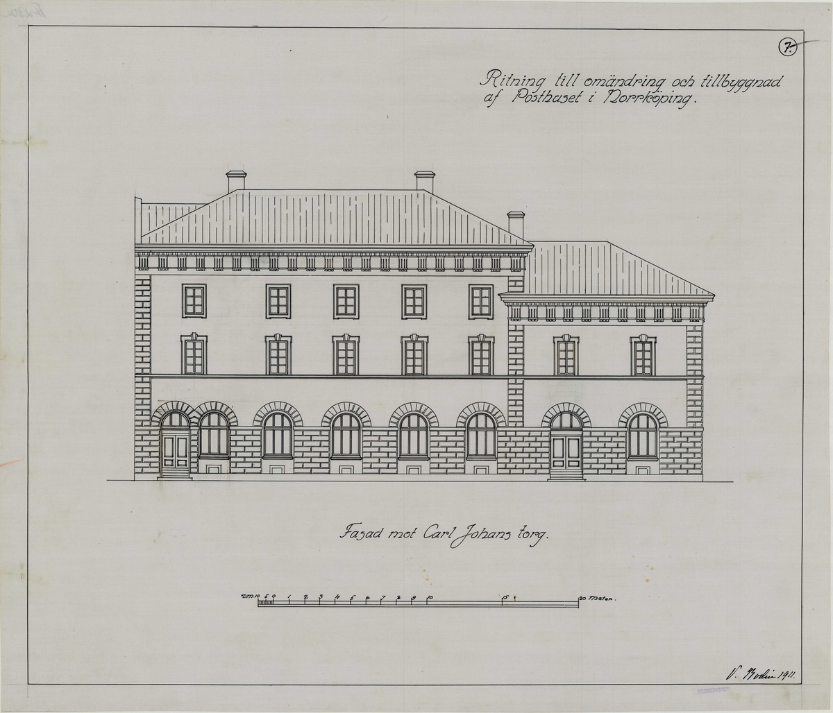 Post- och Riksbankshus i Norrköping.

1911: Förslag till posthus, 3 ark. 
1912. Antaget förslag till posthus. 6 ark. Ej samma som 1911.

Carl Johans torg, Magasingatan, Norra Strömgatan.
