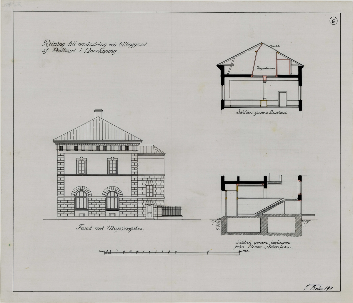 Post- och Riksbankshus i Norrköping.

1911: Förslag till posthus, 3 ark. 
1912. Antaget förslag till posthus. 6 ark. Ej samma som 1911.

Carl Johans torg, Magasingatan, Norra Strömgatan.