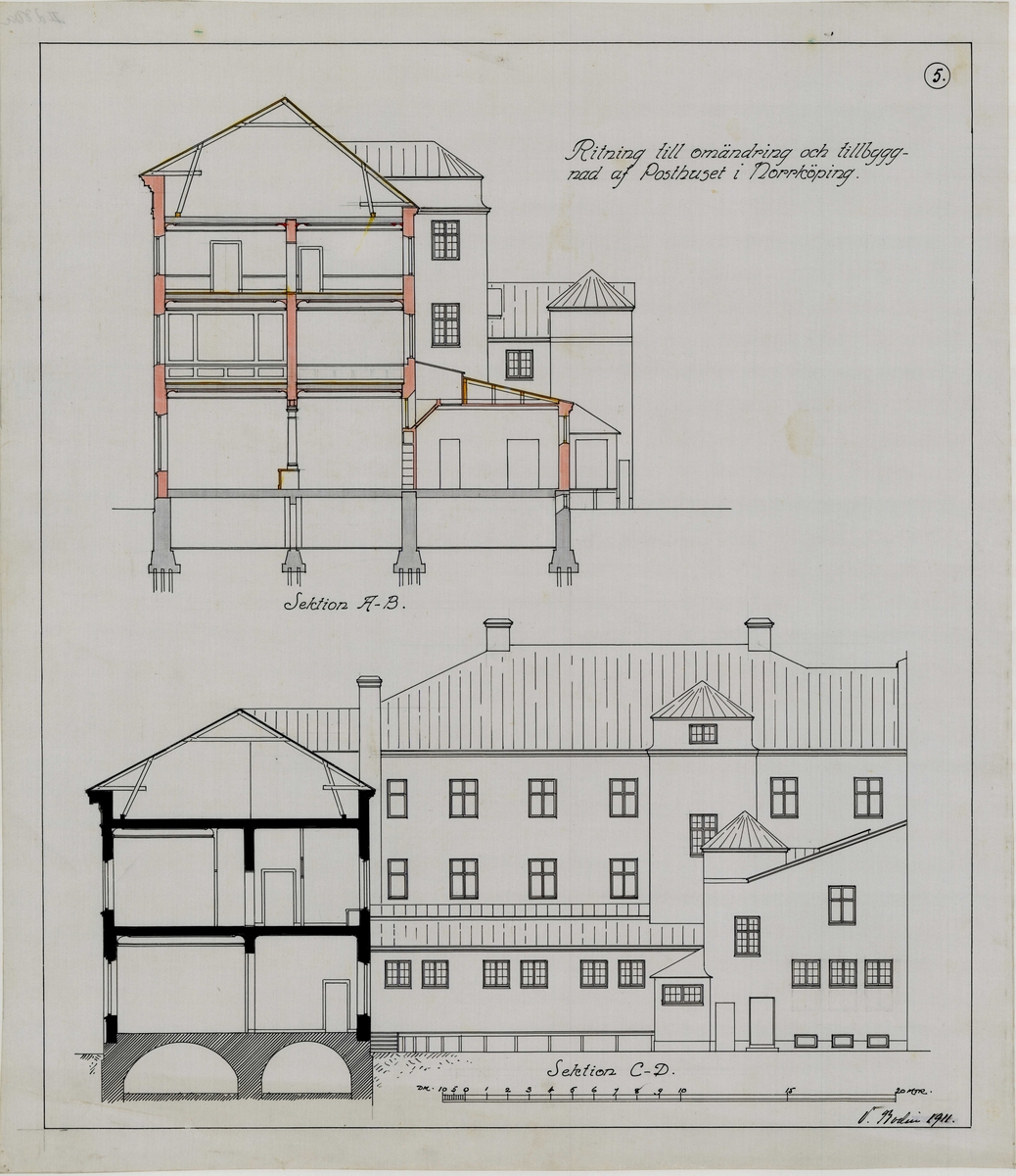 Post- och Riksbankshus i Norrköping.

1911: Förslag till posthus, 3 ark. 
1912. Antaget förslag till posthus. 6 ark. Ej samma som 1911.

Carl Johans torg, Magasingatan, Norra Strömgatan.