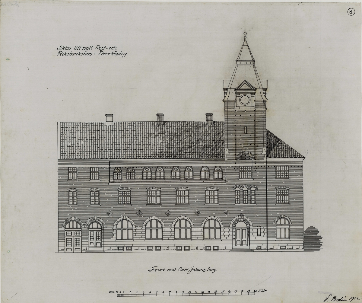 Post- och Riksbankshus i Norrköping.

1911: Förslag till posthus, 3 ark. 
1912. Antaget förslag till posthus. 6 ark. Ej samma som 1911.

Carl Johans torg, Magasingatan, Norra Strömgatan.