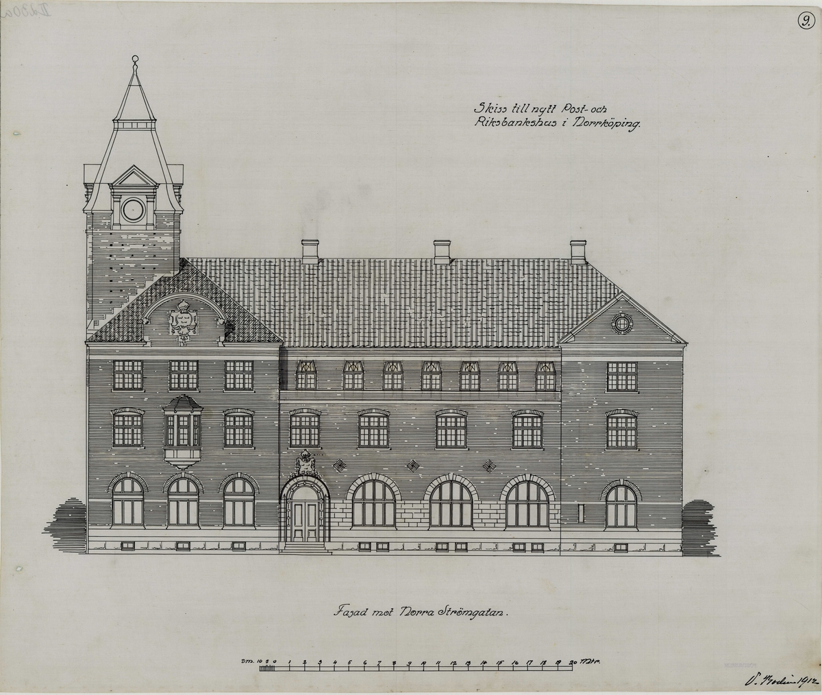 Post- och Riksbankshus i Norrköping.

1911: Förslag till posthus, 3 ark. 
1912. Antaget förslag till posthus. 6 ark. Ej samma som 1911.

Carl Johans torg, Magasingatan, Norra Strömgatan.