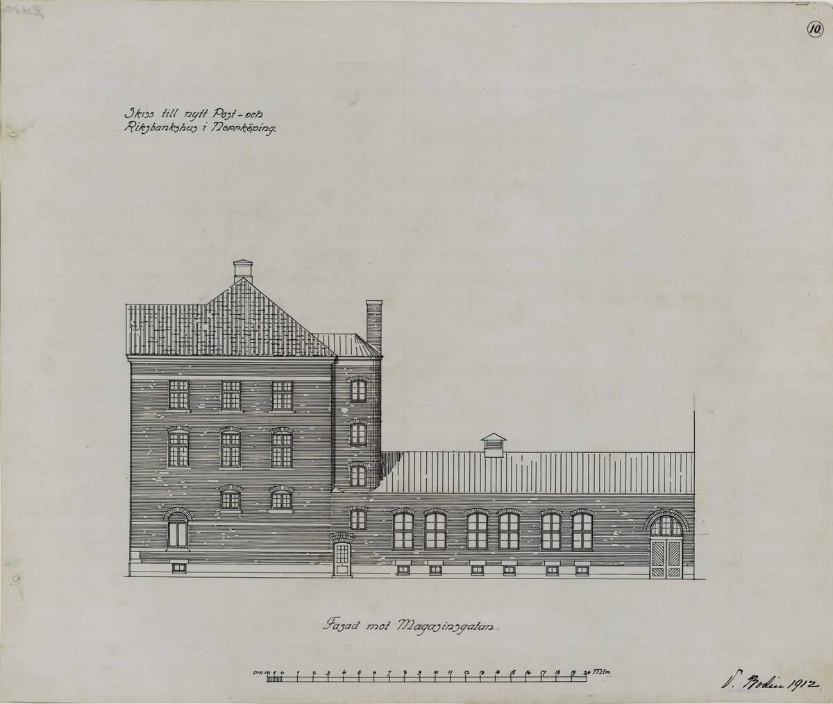 Post- och Riksbankshus i Norrköping.

1911: Förslag till posthus, 3 ark. 
1912. Antaget förslag till posthus. 6 ark. Ej samma som 1911.

Carl Johans torg, Magasingatan, Norra Strömgatan.
