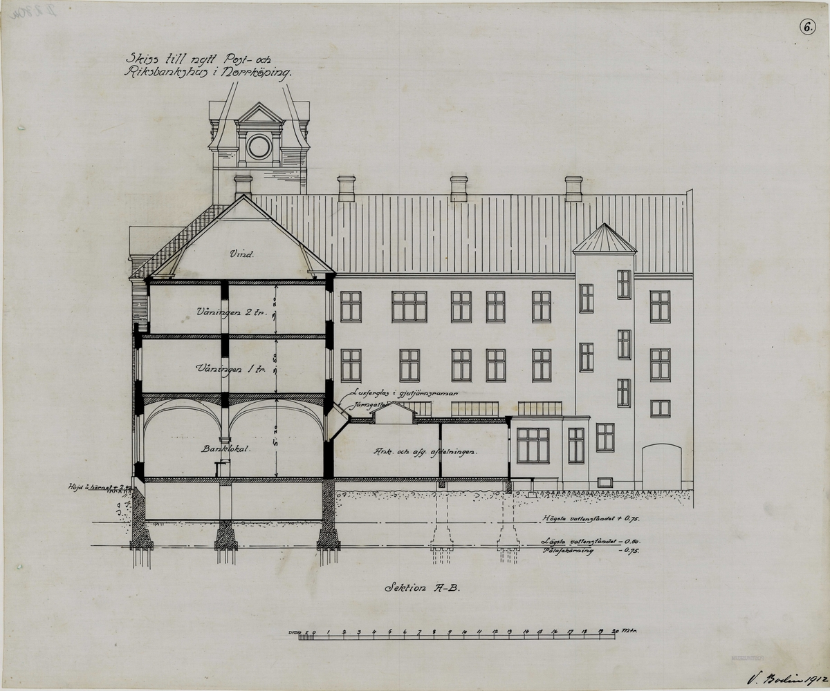 Post- och Riksbankshus i Norrköping.

1911: Förslag till posthus, 3 ark. 
1912. Antaget förslag till posthus. 6 ark. Ej samma som 1911.

Carl Johans torg, Magasingatan, Norra Strömgatan.