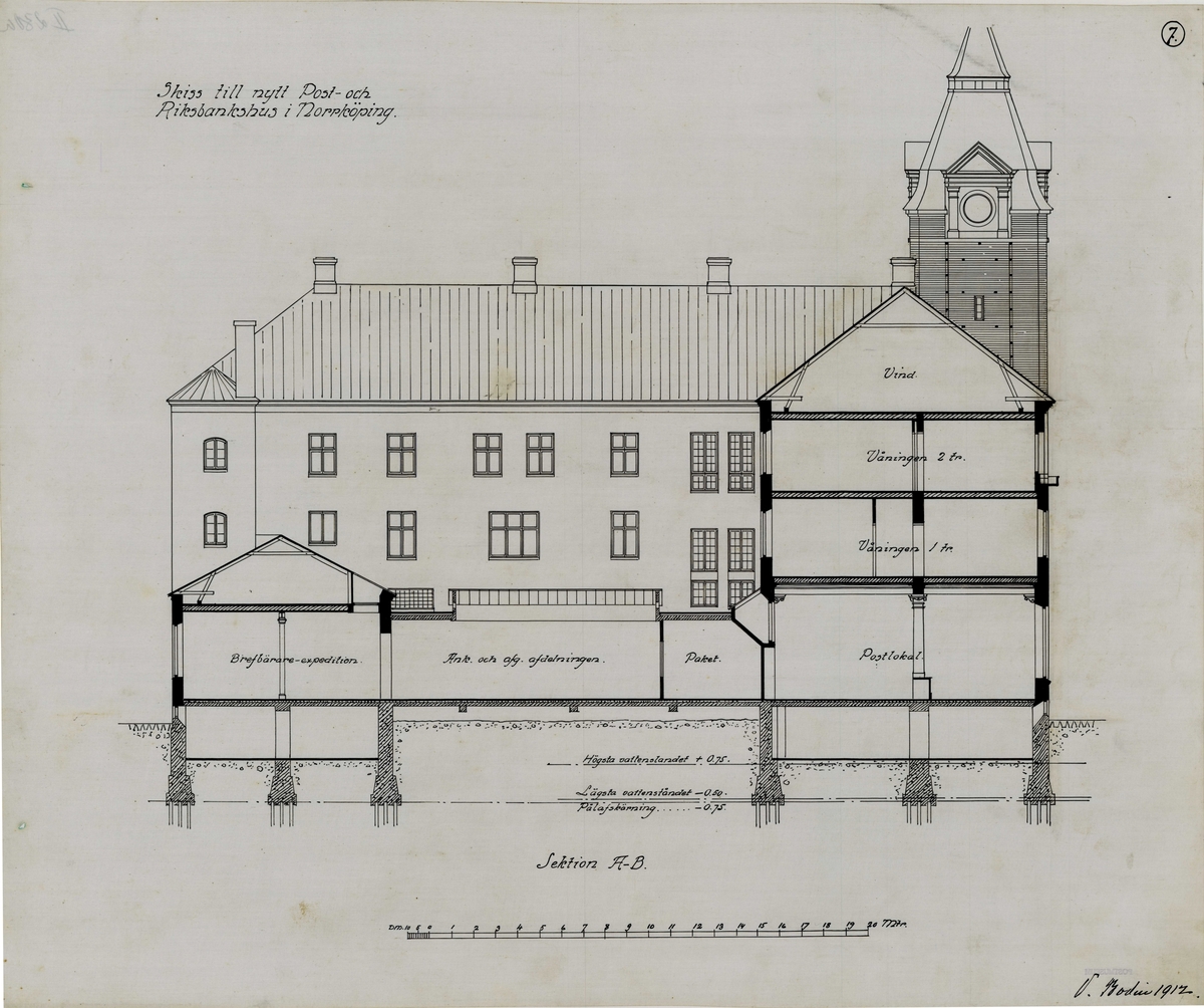 Post- och Riksbankshus i Norrköping.

1911: Förslag till posthus, 3 ark. 
1912. Antaget förslag till posthus. 6 ark. Ej samma som 1911.

Carl Johans torg, Magasingatan, Norra Strömgatan.
