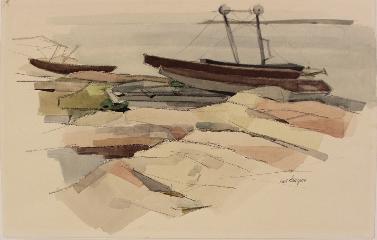 Båtar vid brygga [Akvarell]