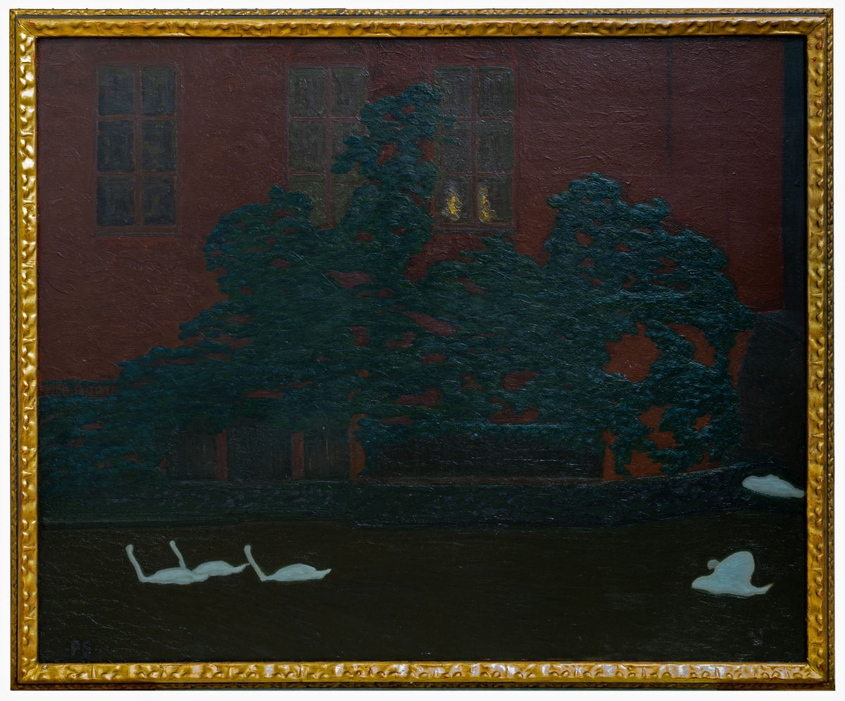 Oljemålning, "Natt vid svanboet" av Pelle Swedlund. Motivet från Brügge, Belgien, där Swedlund vistades 1898-1899. Han har avbildat motiv från staden i flera av sina målningar.